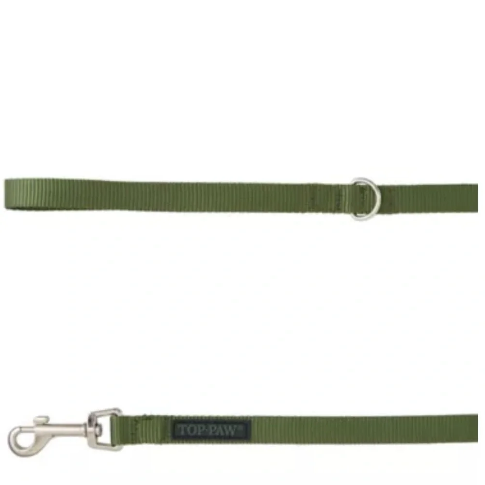 Top Paw 6 ft Long Olive Green Core Leash D Ring Silver Hardware Standard Leash